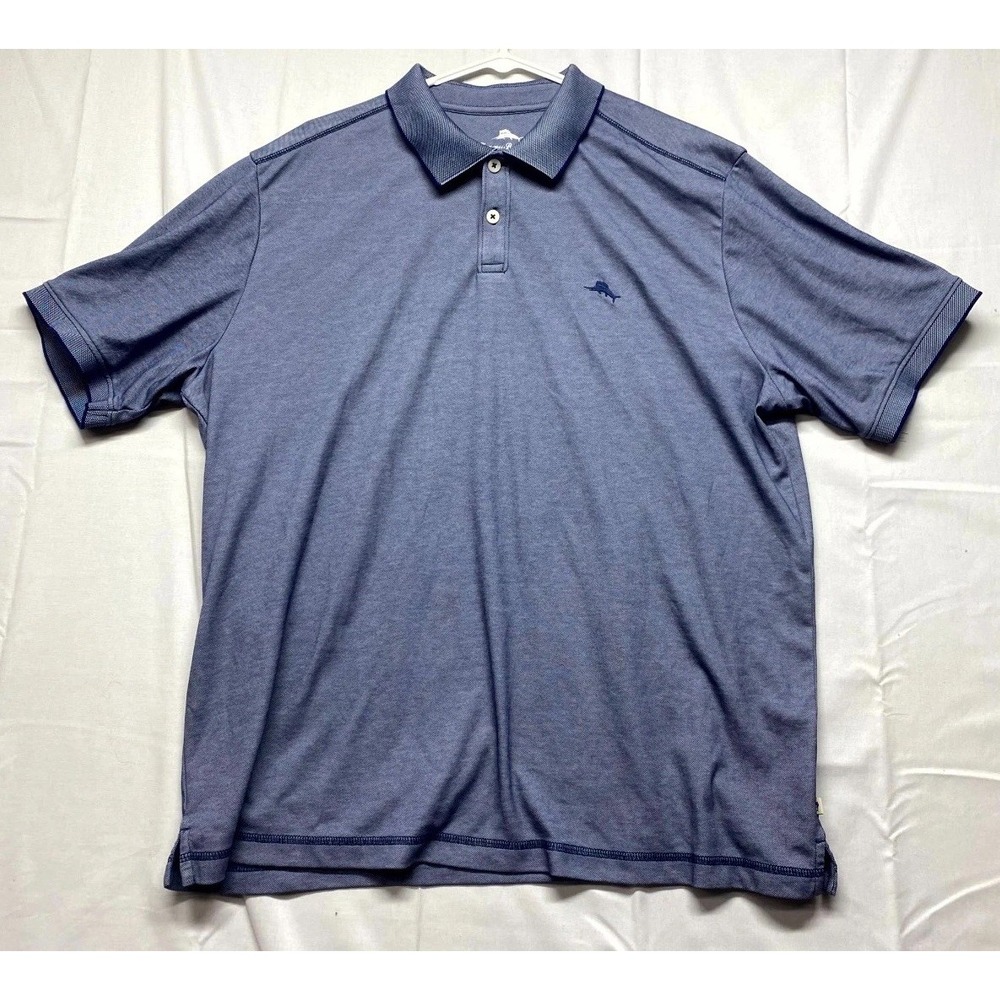 Tommy Bahama Polo Shirt Mens XL Blue White Printed Supima Cotton Side Slit